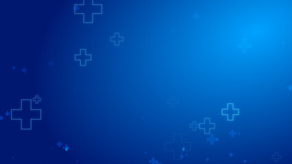 Medical health blue cross neon light shapes pattern healthcare technology background.