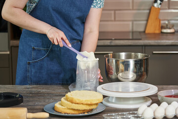 female hands spread the cream for the cake in a pastry bag. a woman prepares a cake in the kitchen. cooking homemade cakes. home cake