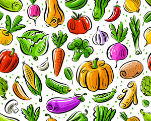 Fresh vegetables seamless pattern. Vegetarian healthy farm organic food background. Color vector illustration