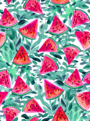 Seamless Hand painted watercolour tropical summer watermelon fruit pattern in leaf background