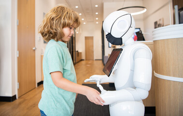 boy interact with cyborg artificial intelligence, communication
