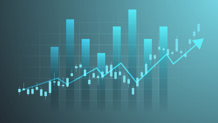 Financial business statistics with bar graph and candlestick chart show stock market price and effective earning on green background 