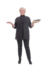 full-length. Mature business woman with a gift box.