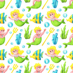 Fototapeta na wymiar Seamless pattern with female and male mermaids, fish, algae. Marine ornament with watercolor cartoon characters. Body positive mermaids with yellow hair on a white background. Print sample