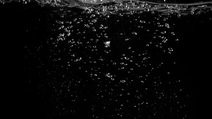 Water bubbles floating on black background which represent refreshing of refreshment from soda or carbonated drink and power of liquid that splashing or fizzing with blowing and streaming by air pump. - obrazy, fototapety, plakaty