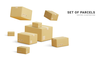 Fototapeta premium Set of parcels. Template of shopping packages. Cardboard boxes for packing and transportation of goods. Vector concept illustration
