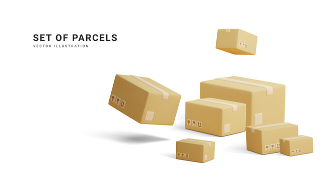 Set of parcels. Template of shopping packages. Cardboard boxes for packing and transportation of goods. Vector concept illustration