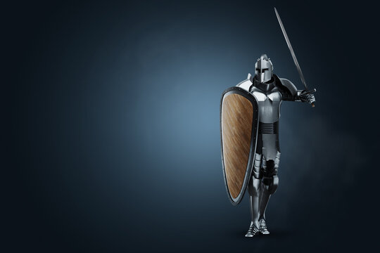 Knight in armor with a sword on a dark background, medieval knight, armor of the past. 3D render, 3D illustration.
