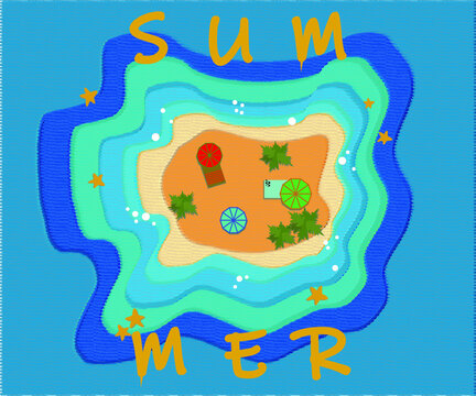 an illustration about a summer vacation on an island, around only the ocean, starfish, waves