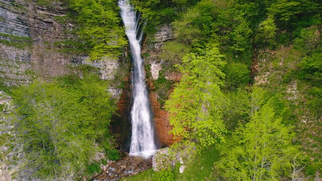 Panorama of an enormous Kinchkha waterfall on Okatse Canyon, near Kutaisi, Georgia, aerial shot. High quality 4k footage