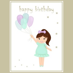 girl with balloons on happy birthday card 