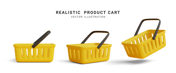 Collection of realistic 3d yellow shopping carts isolated on white background. Empty shopping basket. Vector illustration