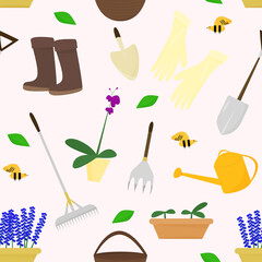 seamless pattern of garden tools and seedlings with flowers and bees. Vector flat illustration for packaging and printing on paper