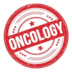 ONCOLOGY text on red round grungy stamp.