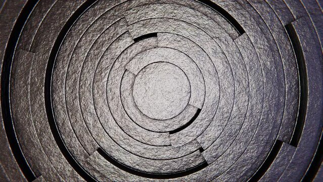 Realistic abstract looping 3D animation of the clock-style moving fancy textured silver metal radial rings pattern rendered in UHD