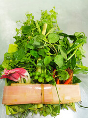 Vegetables and herbs tied together. The vegetable for curry of northern Thailand is called kaeng kae.