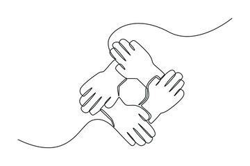 One single line drawing. Ring of Hands Teamwork. Teamwork united to achieve success. Concept continuous line draw design vector.