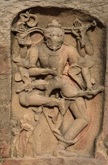 Indian Architecture of 5th Century. Stone sculptures on the wall inside the Neelkanth temple in...