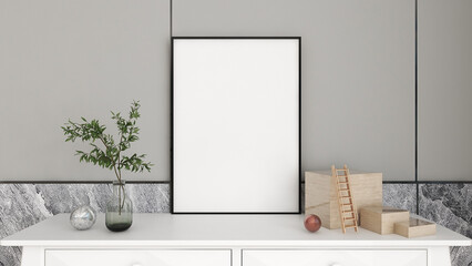 White mock up frame in home modern design and minimal vintage style on the table with plants. pastel hipster, Summer , decoration, Contemporary -3d Rendering
