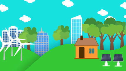 Fototapeta na wymiar Eco friendly cartoon illustration for use natural energy and live healthy lifestyle. Spining air turbine, solar panel, house, building and trees.