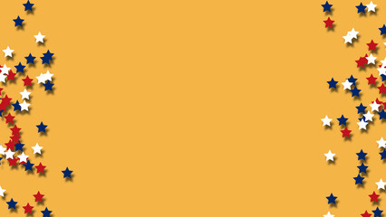 Floating USA flag colour hearts in right and left side isolated on yellow background