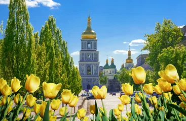 Küchenrückwand glas motiv Yellow tulips on the spring street of Kiev, Ukraine © elvirkin