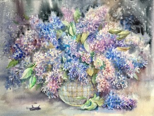 Bouquet of lilac in a vintage vase. Watercolor syringa. 