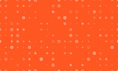 Seamless background pattern of evenly spaced white astrological sun symbols of different sizes and opacity. Vector illustration on deep orange background with stars