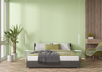 Empty light green wall in modern bedroom. Mock up interior in contemporary style. Free, copy space for your picture, text, or another design. Bed, armchair, plants. 3D rendering.