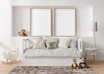 Two empty vertical picture frames on white wall in modern child room. Mock up interior in scandinavian style. Free, copy space for your picture. Bed, toys. Cozy room for kids. 3D rendering.