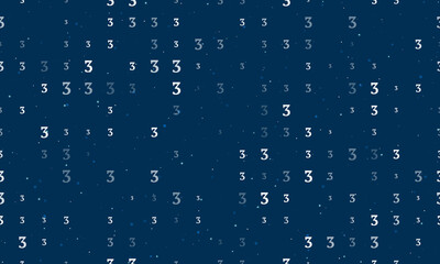 Seamless background pattern of evenly spaced white number three symbols of different sizes and opacity. Vector illustration on dark blue background with stars