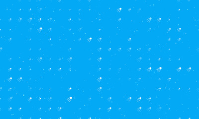 Seamless background pattern of evenly spaced white satellite symbols of different sizes and opacity. Vector illustration on light blue background with stars
