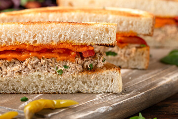 Homemade tuna melt sandwich on rustic board