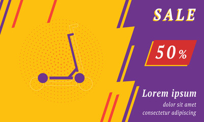 Sale promotion banner with place for your text. On the left is the kick scooter symbol. Promotional text with discount percentage on the right side. Vector illustration on yellow background