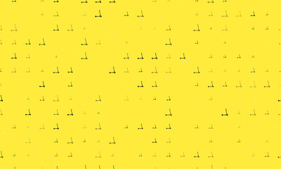 Seamless background pattern of evenly spaced black kick scooter symbols of different sizes and opacity. Vector illustration on yellow background with stars