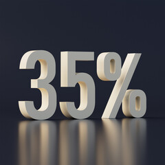 White thirty five percent, isolated on dark blue background. 35%. 3d rendering