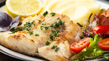 Fried cod loin fillet with mashed potato and vegetable salad served with fresh lemon