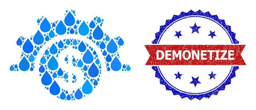 Vector mosaic financial industry, and bicolor grunge Demonetize seal stamp. Financial industry mosaic for pure water ads. Financial industry is formed with blue drinking liquid dews.