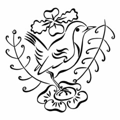 Cute bird on a flower framed by leaves and flowers. Stylized black and white ink illustration. Silhouette vector illustration. Black and white sketch. Linear drawing.