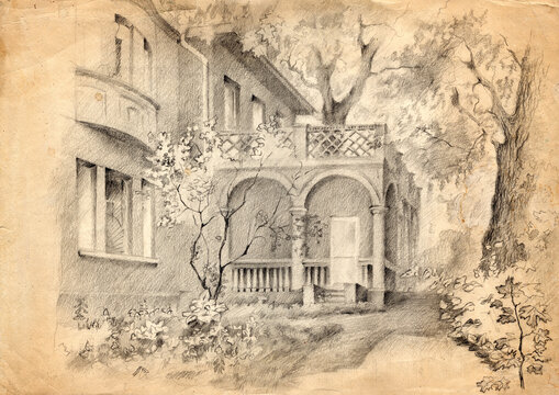Building of the so-called Khrushchev dacha among oak trees in the park in Kyiv. Pencil drawn landscape on faded old paper