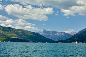 Beautiful aerial panorama view of montenegro coastline with azure sea water.