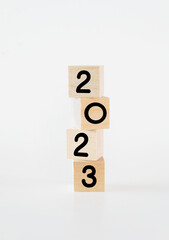 Cubic wooden blocks forming the '2023' text
