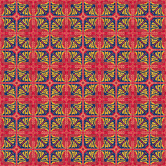 Indian boho summer bandana seamless symmetrical pattern. Versatile masculine red blue scarf print in kaleidoscopic floral ornamental style.