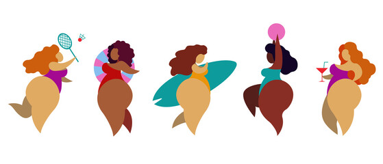 flat vector color illustration. silhouettes of girls on a white background. overweight women in swimsuits are doing sports. beach holidays