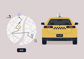 A yellow taxi cab with a checkered pattern, a rear view, a city map with a calculated route on it - obrazy, fototapety, plakaty
