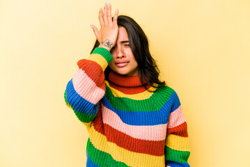 Young hispanic woman isolated on yellow background forgetting something, slapping forehead with...