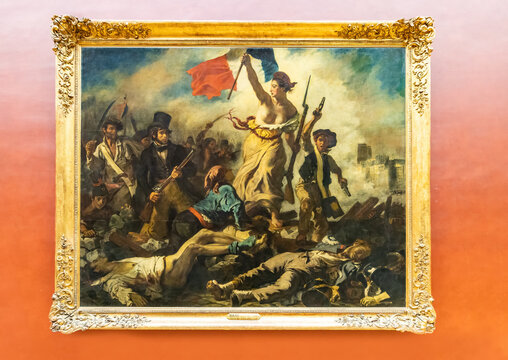 Paris, France-March 18, 2018: Liberty Leading the People, La Liberté guidant le peuple, painting by Eugène Delacroix commemorating the July Revolution of 1830, which toppled King Charles X of France.
