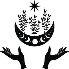 Obraz premium Mystical hands of a witch. Magic poster, Tattu style, Vector, Tarro, moon, celestial art. Hands.
