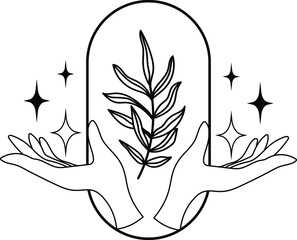 Mystical hands of a witch. Magic poster, Tattu style, Vector, Tarro, moon, celestial art. Hands.