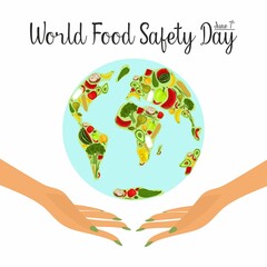 World food safety day on June 7 banner, poster or card vector clipart design. The concept of healthy eating and food, healthy lifestyle. Fresh natural products, vegetables and fruits, dairy products. 